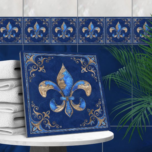 Luxuriöse Fleur-de-lis - blauer Marmor und Gold Fliese