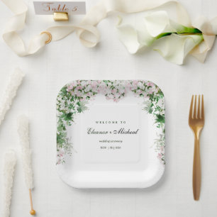 Luxuriöse florale Hochzeit mit sanftem rosa botani Pappteller