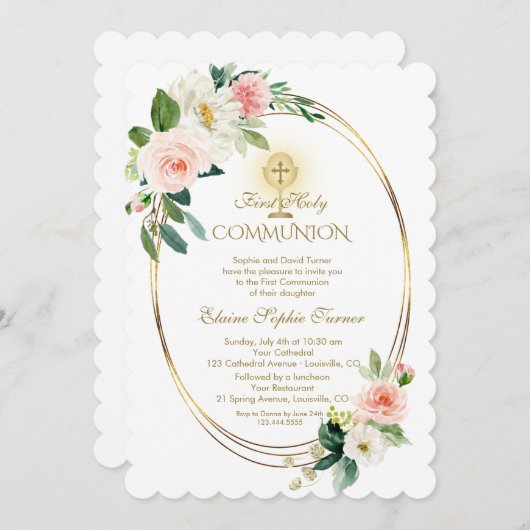 Luxuriöse Frühlingsblüte Floral Gold Heilige Kommu Einladung (Vorne/Hinten)