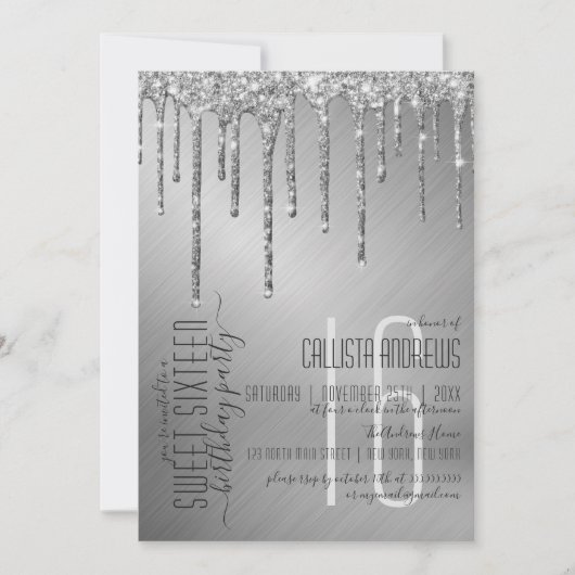 Luxuriöse Funkelnd Silver Glitzer Tropfen Sweet 16 Einladung (Vorderseite)