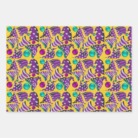 Luxuriöse gelbe Imitate Glitzer Zwerge Hüte Weihna Geschenkpapier Set (Vorderseite)