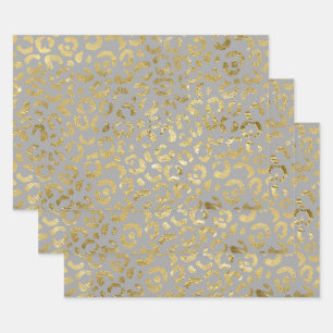 Luxuriöse Glam Gold Gray Leopard Print Geschenkpapier Set