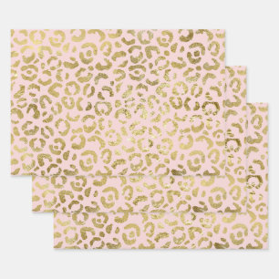 Luxuriöse Glam Gold Light Pink Leopard Print Geschenkpapier Set
