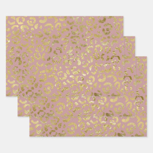 Luxuriöse Glam Gold Pink Leopard Print Geschenkpapier Set