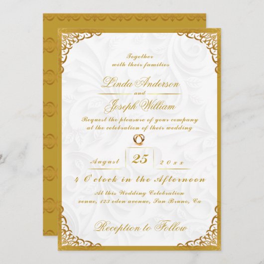Luxuriöse Glamour Gold Border & Nordic Blume Weddi Einladung (Vorne/Hinten)