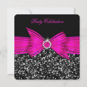 Luxuriöse Glitter Hot Pink Schleife Schwarz Party  Einladung