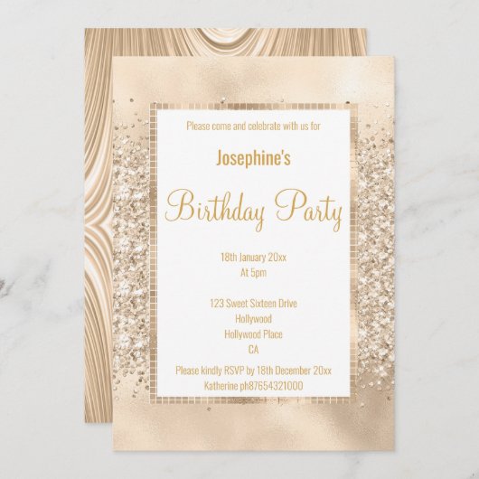 LUXURIÖSE GLITZER SATIN CHAMPAGNE & GOLD EINLADUNG (Vorne/Hinten)