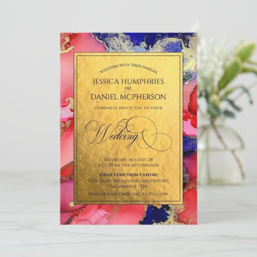 Luxuriöse Gold Abstrakte feierliche Hochzeitseinla Einladung (Stehend Vorderseite)