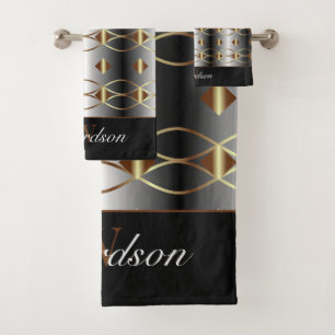 Luxuriöse Gold Black und Silber Mit Monogramm Badhandtuch Set