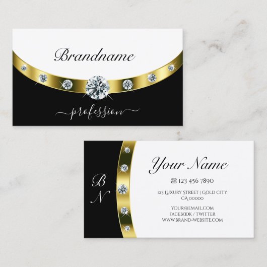 Luxuriöse Gold Border Black and White Initials Visitenkarte (Vorne/Hinten)