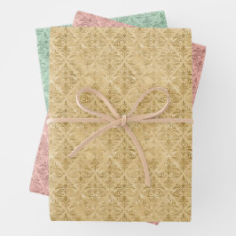 Luxuriöse Gold-, Dusty Pink- und Green Damask-Must Geschenkpapier Set