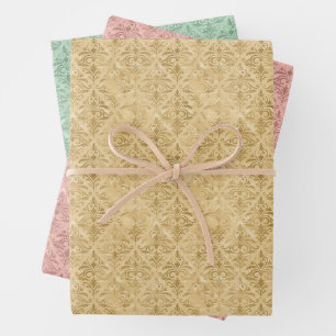 Luxuriöse Gold-, Dusty Pink- und Green Damask-Must Geschenkpapier Set
