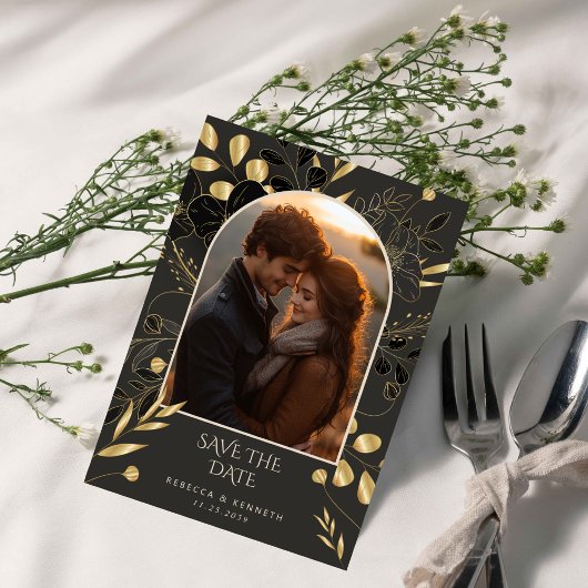 Luxuriöse Gold Floral Chic Zwei Fotos Save the Dat Einladung