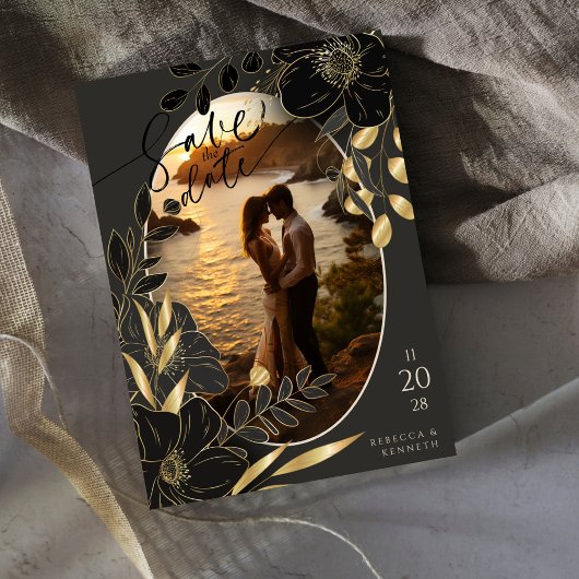 Luxuriöse Gold Floral Chic Zwei Fotos Save the Dat Einladung