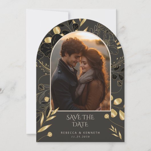Luxuriöse Gold Floral Two Arch Foto Save the Date Einladung (Vorderseite)