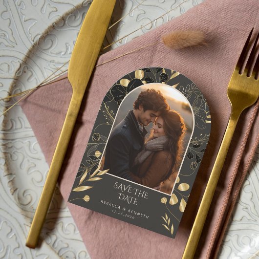 Luxuriöse Gold Floral Two Arch Foto Save the Date Einladung