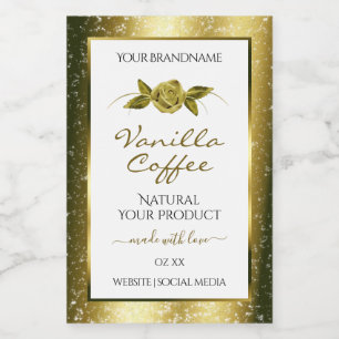 Luxuriöse Gold Glitzer Floral White Product Labels Lebensmitteletikett