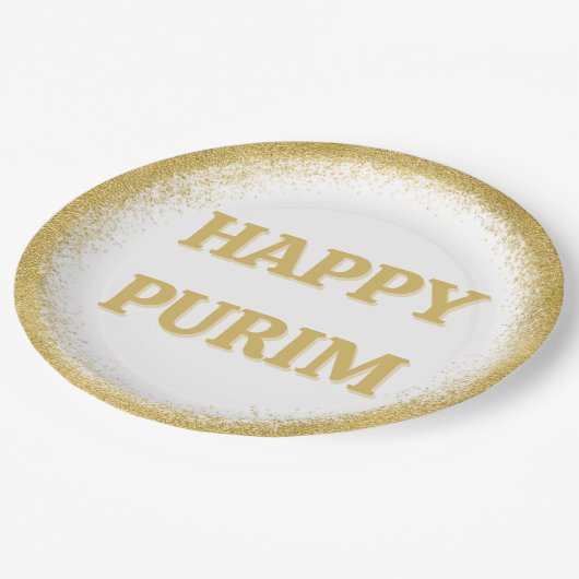 Luxuriöse Gold Glitzer Happy Purim Pappteller (Schrägansicht)