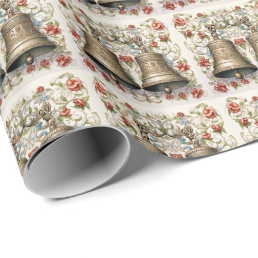 Luxuriöse Gold Weihnachtsglocke , Rote Blüte Geschenkpapier (Rolleneckpunkt)