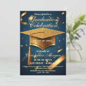 Luxuriöse Golden Graduation Cap mit Confetti Einladung (Stehend Vorderseite)
