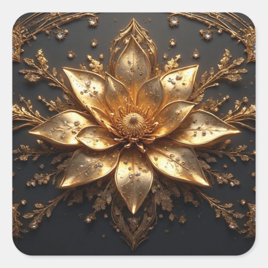 Luxuriöse Goldene Blume Quadratischer Aufkleber (Vorderseite)