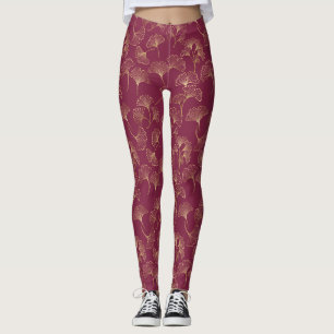 Luxuriöse goldene Ginkgoblätter auf tiefem Burgund Leggings