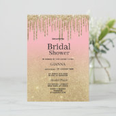 Luxuriöse goldene Glitzer Rosa ombre Tropfen Braut Einladung (Stehend Vorderseite)
