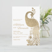 Luxuriöse goldene königliche Pfaue elegante Hochze Einladung (Stehend Vorderseite)