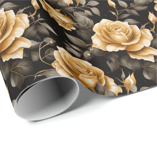 Luxuriöse goldene Rose Schwarz und Gold Blumenmust Geschenkpapier (Rolleneckpunkt)