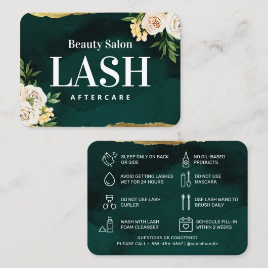 Luxuriöse Green und Gold Lash Aftercare Card Visitenkarte (Vorne/Hinten)