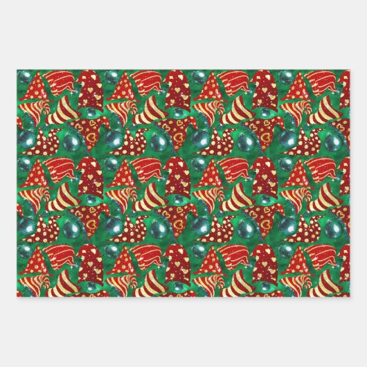 Luxuriöse grüne rote Imitate Glitzer Zwerge Weihna Geschenkpapier Set (Vorderseite)