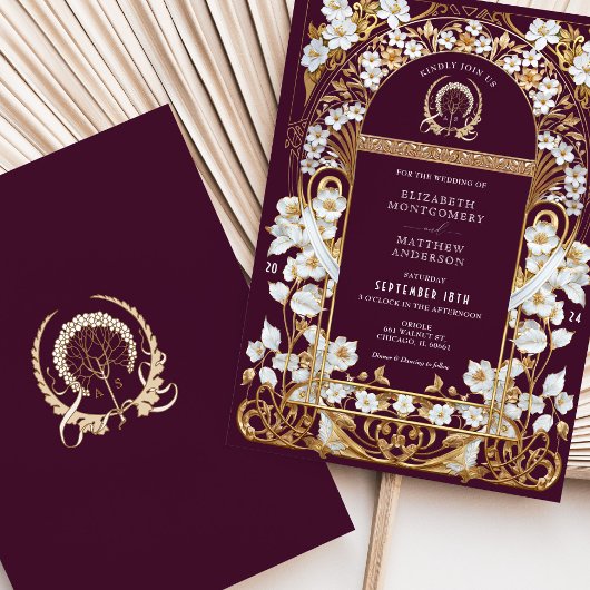 Luxuriöse Hochzeit in Burgund & Antique Gold Flora Einladung