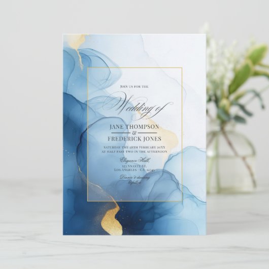 Luxuriöse Hochzeit mit Blauen und Gold Einladung (Stehend Vorderseite)