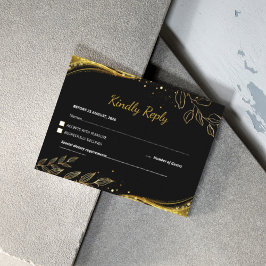 Luxuriöse Hochzeit mit moderner Black Gold Floral RSVP Karte