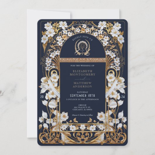 Luxuriöse Hochzeit von Navy Blue & Antique Gold Fl Einladung (Vorderseite)