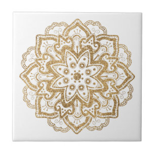 Luxuriöse Imitate Gold Glitzer Boho Mandala White Fliese