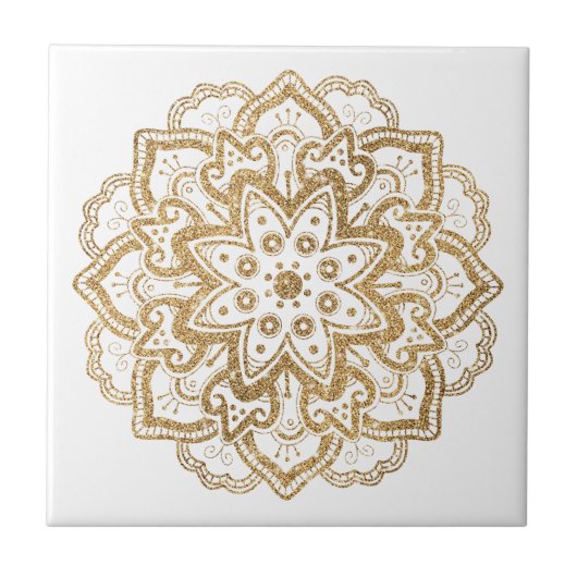 Luxuriöse Imitate Gold Glitzer Boho Mandala White Fliese (Vorderseite)