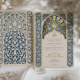 Luxuriöse islamische Spitze Staubblau Hochzeit Folieneinladung