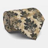 Luxuriöse Ivory Damask Elegantes Schwarzes Beige Krawatte (Gerollt)