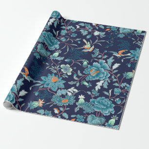 Luxuriöse japanische blaue Pfingstrose und Vögel R Geschenkpapier