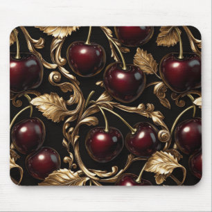 Luxuriöse Kirsche und Gold Barock Nahtloses Muster Mousepad