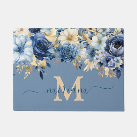 Luxuriöse Kitchen Floor Mat: Blau und Gold Blume Fußmatte (Vorderseite)
