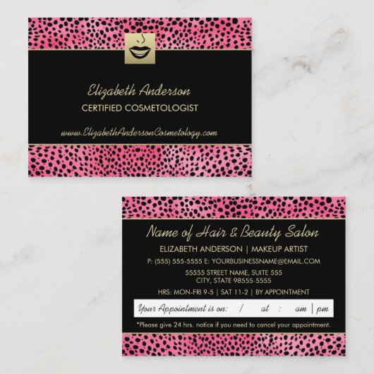 Luxuriöse Kosmetologie Pink Cheetah Print Ernennun Terminkarte (Vorne/Hinten)