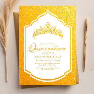 Luxuriöse Krone Weiße und Goldene Quinceanera Einladung