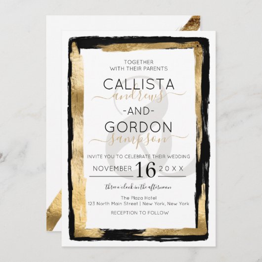 Luxuriöse Künstlerische Black Gold Pinselstrich Bo Einladung (Vorne/Hinten)