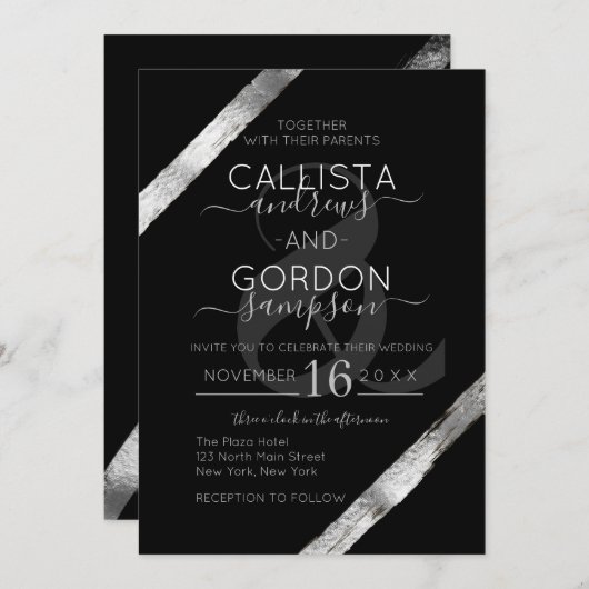 Luxuriöse Künstlerische Black Silver Pinselstriche Einladung (Vorne/Hinten)