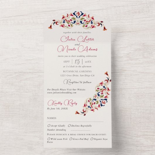 Luxuriöse künstlerische Botanische Paisley Hochzei All In One Einladung (Innen Boden)
