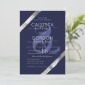 Luxuriöse Künstlerische Navy Blue Silver Pinselstr Einladung (Stehend Vorderseite)