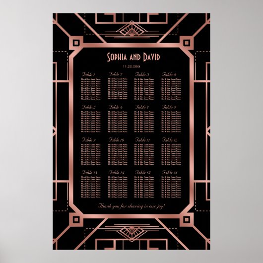Luxuriöse Kupfer Black Great Gatsby Seating Chart Poster (Vorne)