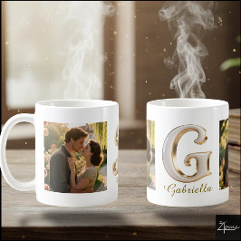 Luxuriöse Kursiv Gold Weiße Initiale G + 2 FOTO Kaffeetasse